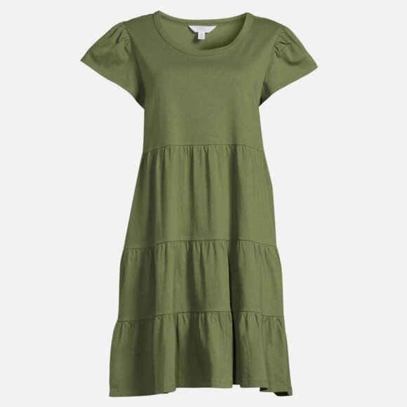 Time and Tru Dresses & Skirts - Time & Tru 100% Cotton Tiered Knit Dress Women's XL 16-18 Olive Green w Pockets